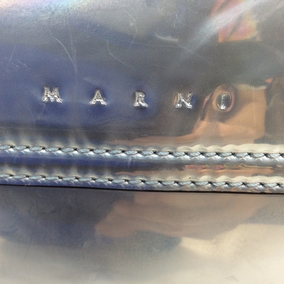 Marni Leather Shoulder Bag Clutch Pouchette One Ribbon Motif Enamel Gray Yo19 - Picture 3 of 10